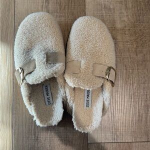 Steve Madden Women’s Cream Sherpa Slip-On Loafers with Gold Buckle